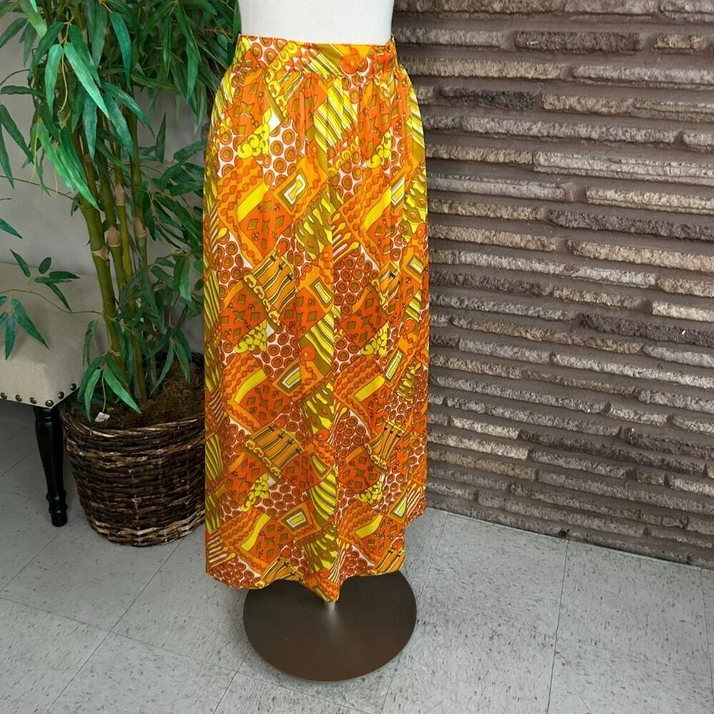 Vintage 60s 70s Pop Art Orange Yellow Geometric Nylon Maxi Skirt